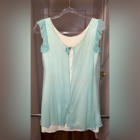 Vintage Mint Green Dress with Ruffled Sleeves and Floral Belt - Picture 2 of 3